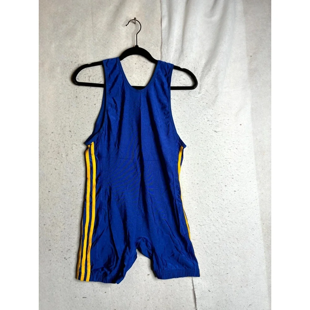 Adidas Wrestling Singlet Mens Medium Blue Yellow 3-Stripes Sleeveless Round Neck